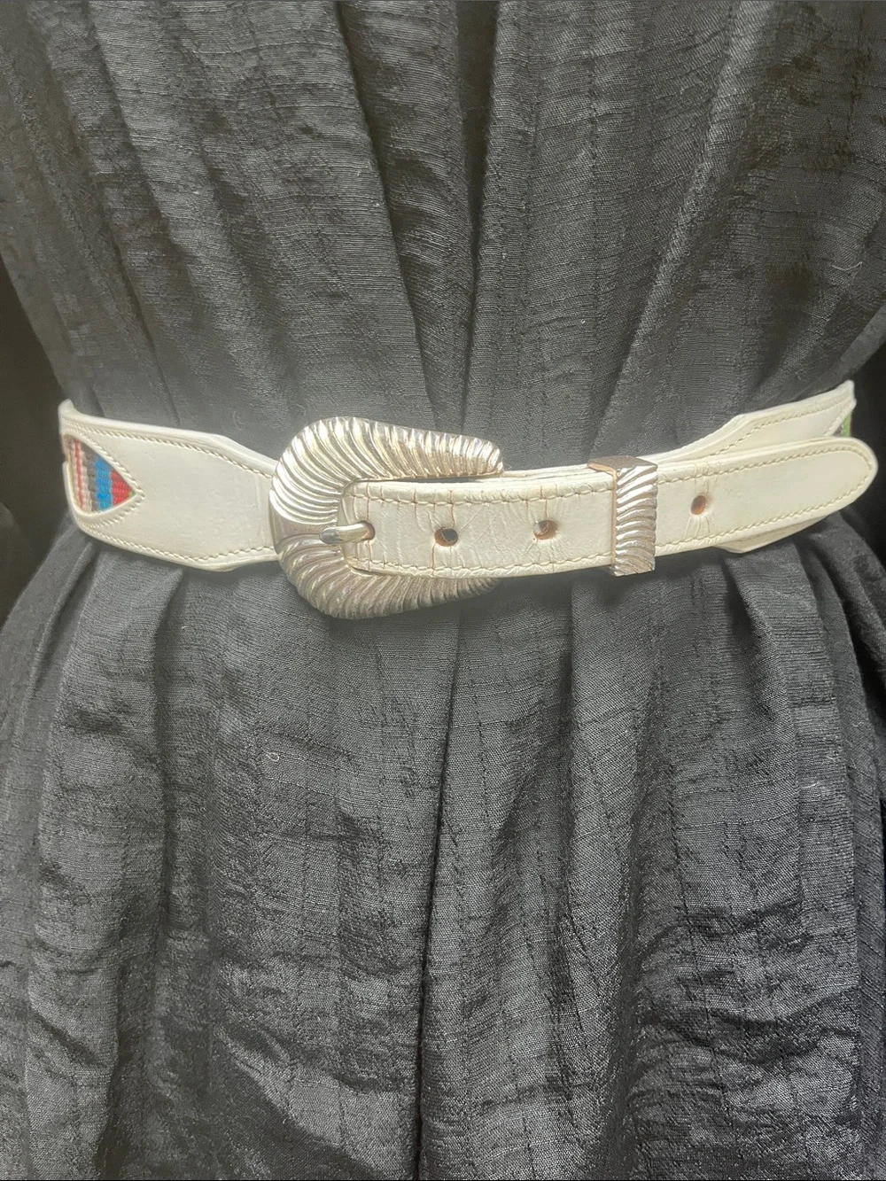 South Western White Leather Belt Tapestry Silver Buckle Size 30